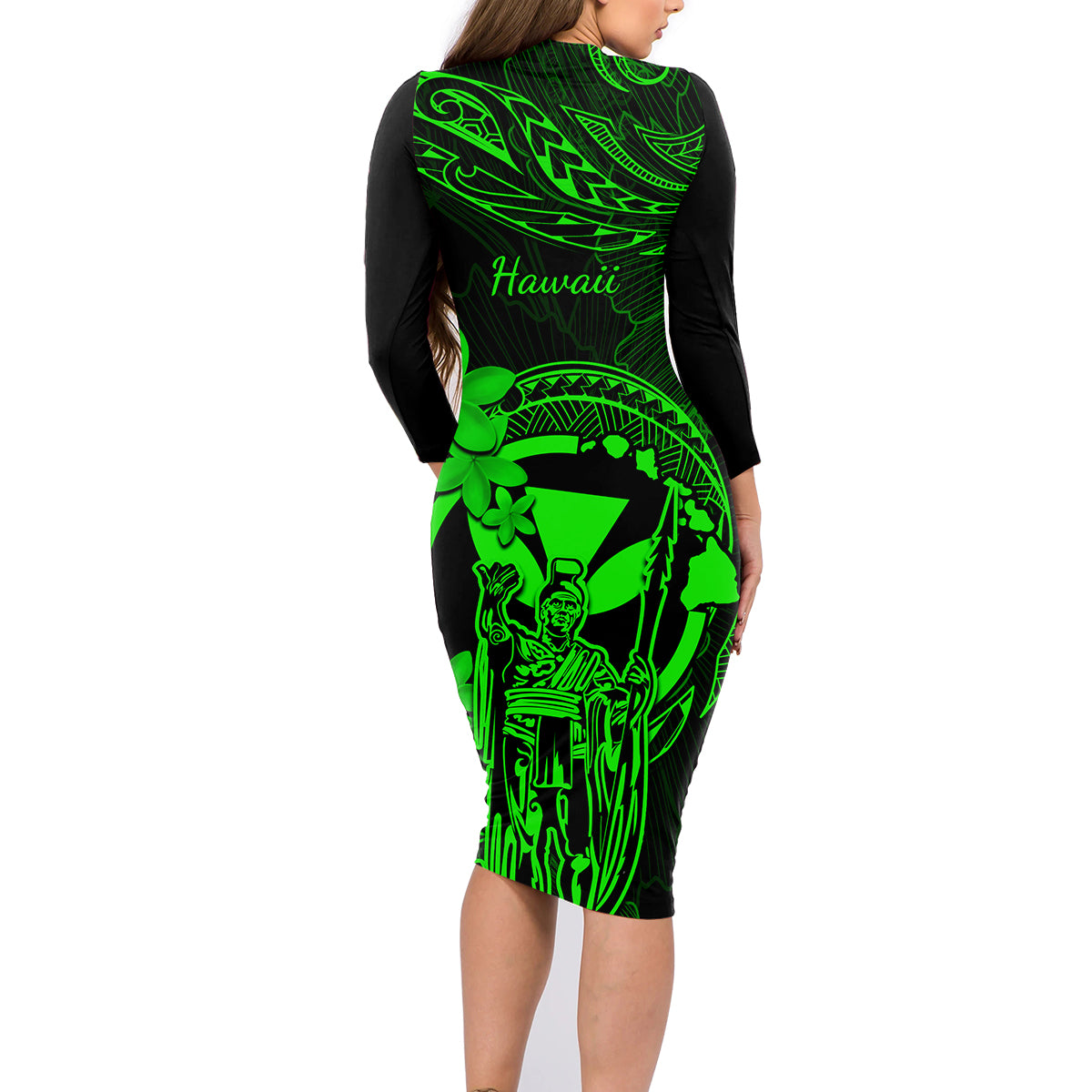 Hawaii Family Matching Long Sleeve Bodycon Dress and Hawaiian Shirt King Kamehameha Mix Polynesian Plumeria Green Version - Wonder Print Shop
