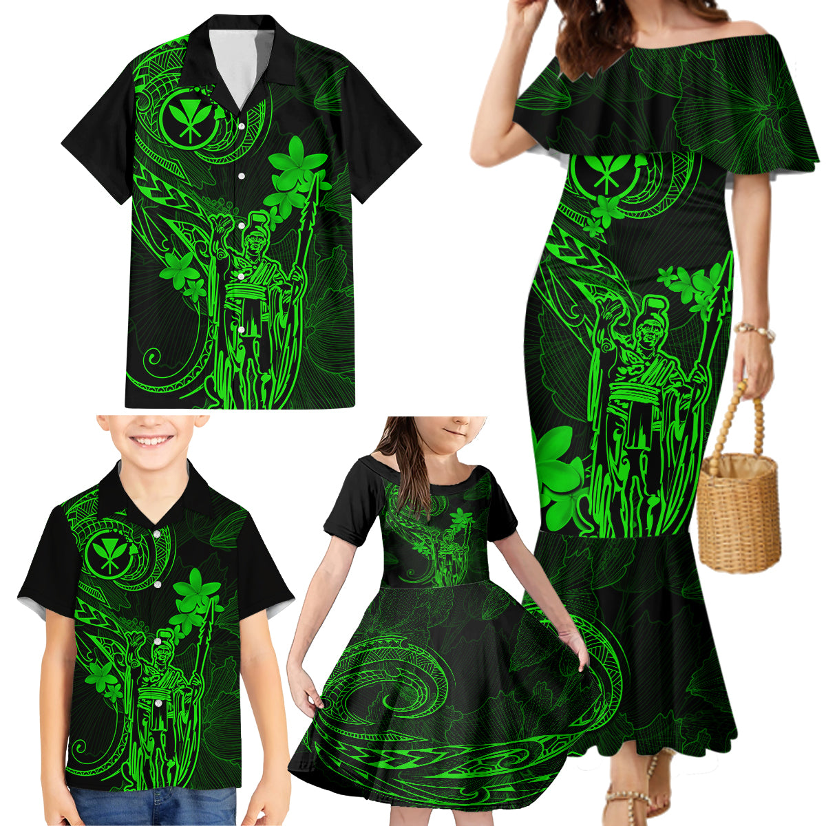 Hawaii Family Matching Mermaid Dress and Hawaiian Shirt King Kamehameha Mix Polynesian Plumeria Green Version - Wonder Print Shop