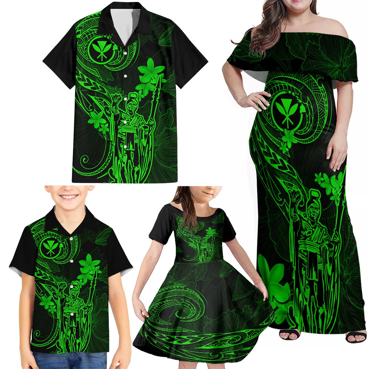 Hawaii Family Matching Off Shoulder Maxi Dress and Hawaiian Shirt King Kamehameha Mix Polynesian Plumeria Green Version - Wonder Print Shop