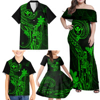 Hawaii Family Matching Off Shoulder Maxi Dress and Hawaiian Shirt King Kamehameha Mix Polynesian Plumeria Green Version - Wonder Print Shop