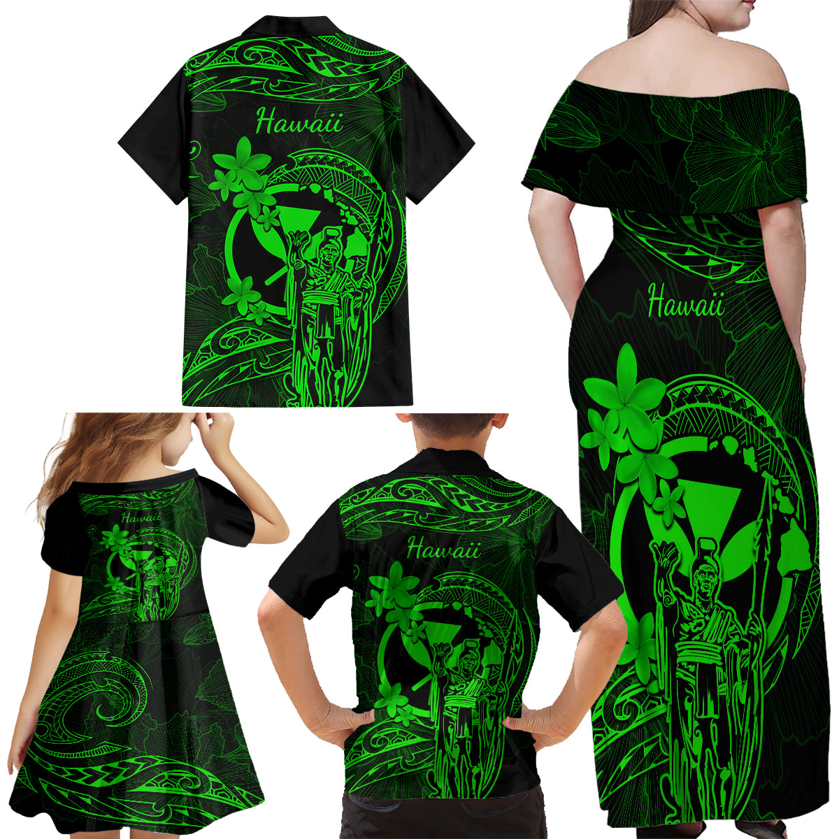 Hawaii Family Matching Off Shoulder Maxi Dress and Hawaiian Shirt King Kamehameha Mix Polynesian Plumeria Green Version - Wonder Print Shop
