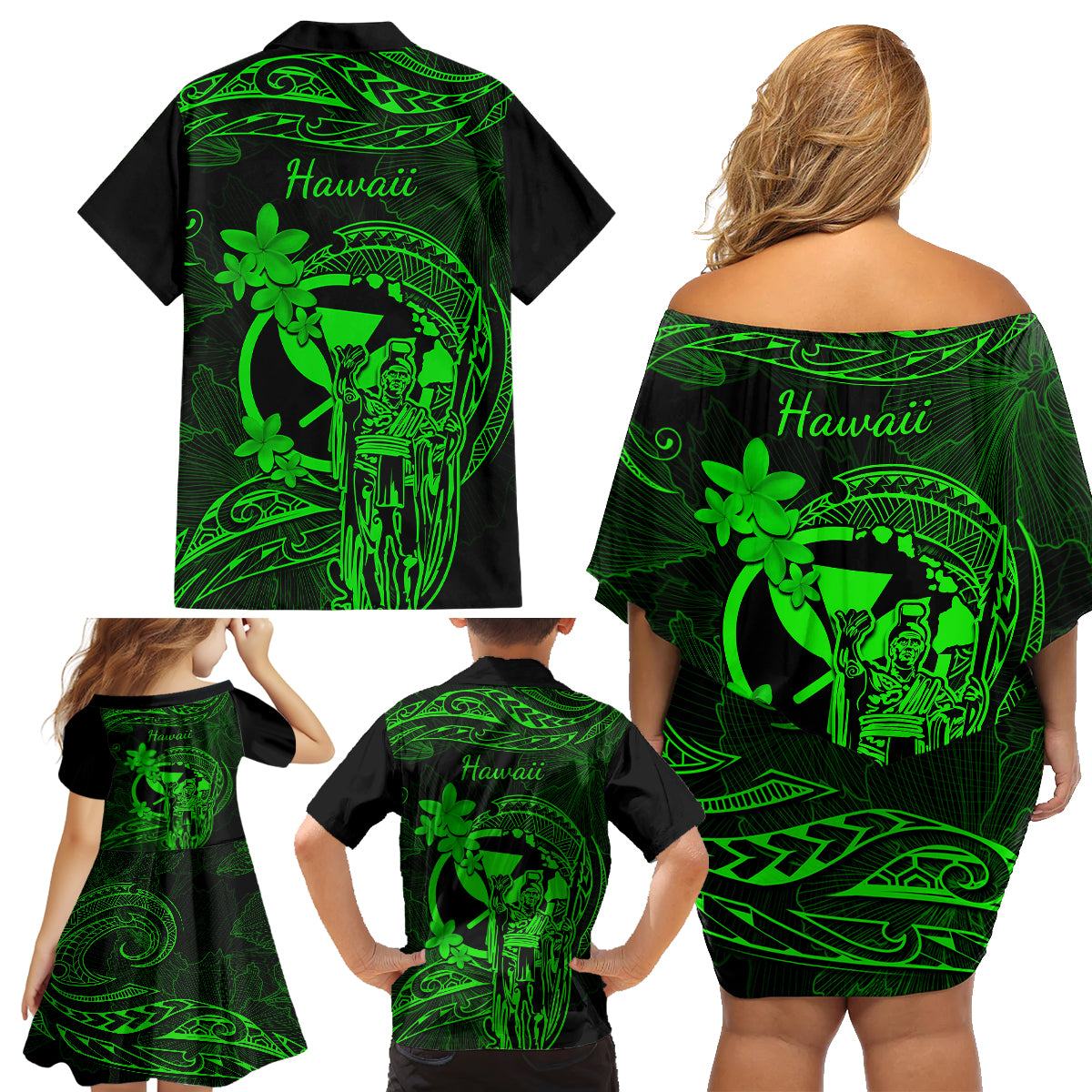 Hawaii Family Matching Off Shoulder Short Dress and Hawaiian Shirt King Kamehameha Mix Polynesian Plumeria Green Version - Wonder Print Shop