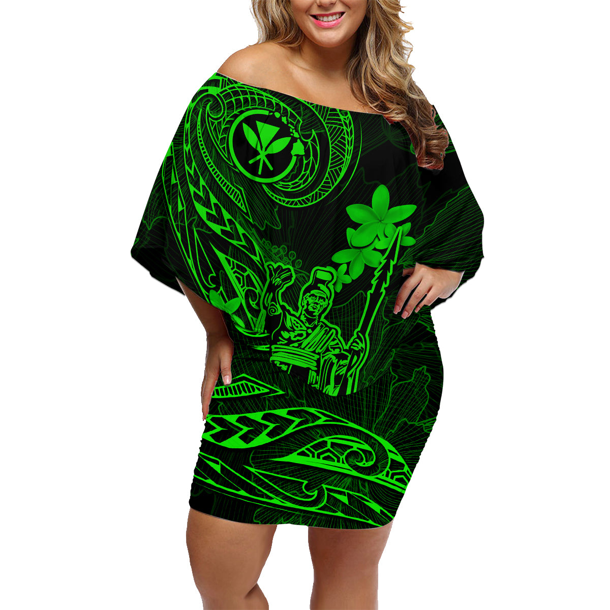 Hawaii Family Matching Off Shoulder Short Dress and Hawaiian Shirt King Kamehameha Mix Polynesian Plumeria Green Version - Wonder Print Shop