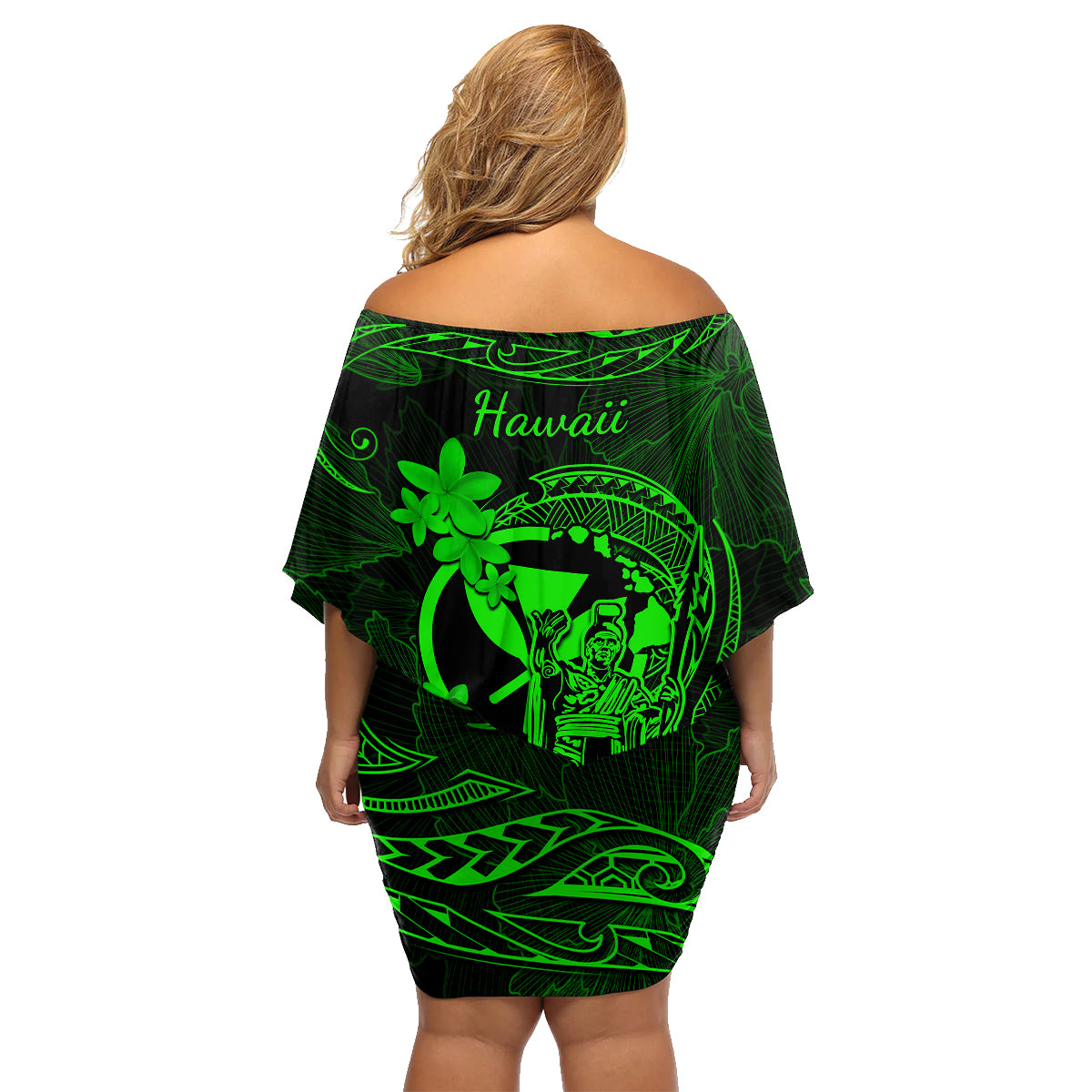 Hawaii Family Matching Off Shoulder Short Dress and Hawaiian Shirt King Kamehameha Mix Polynesian Plumeria Green Version - Wonder Print Shop