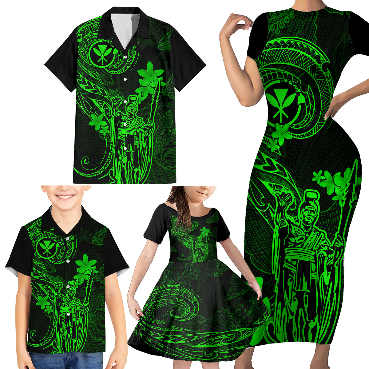 Hawaii Family Matching Short Sleeve Bodycon Dress and Hawaiian Shirt King Kamehameha Mix Polynesian Plumeria Green Version - Wonder Print Shop