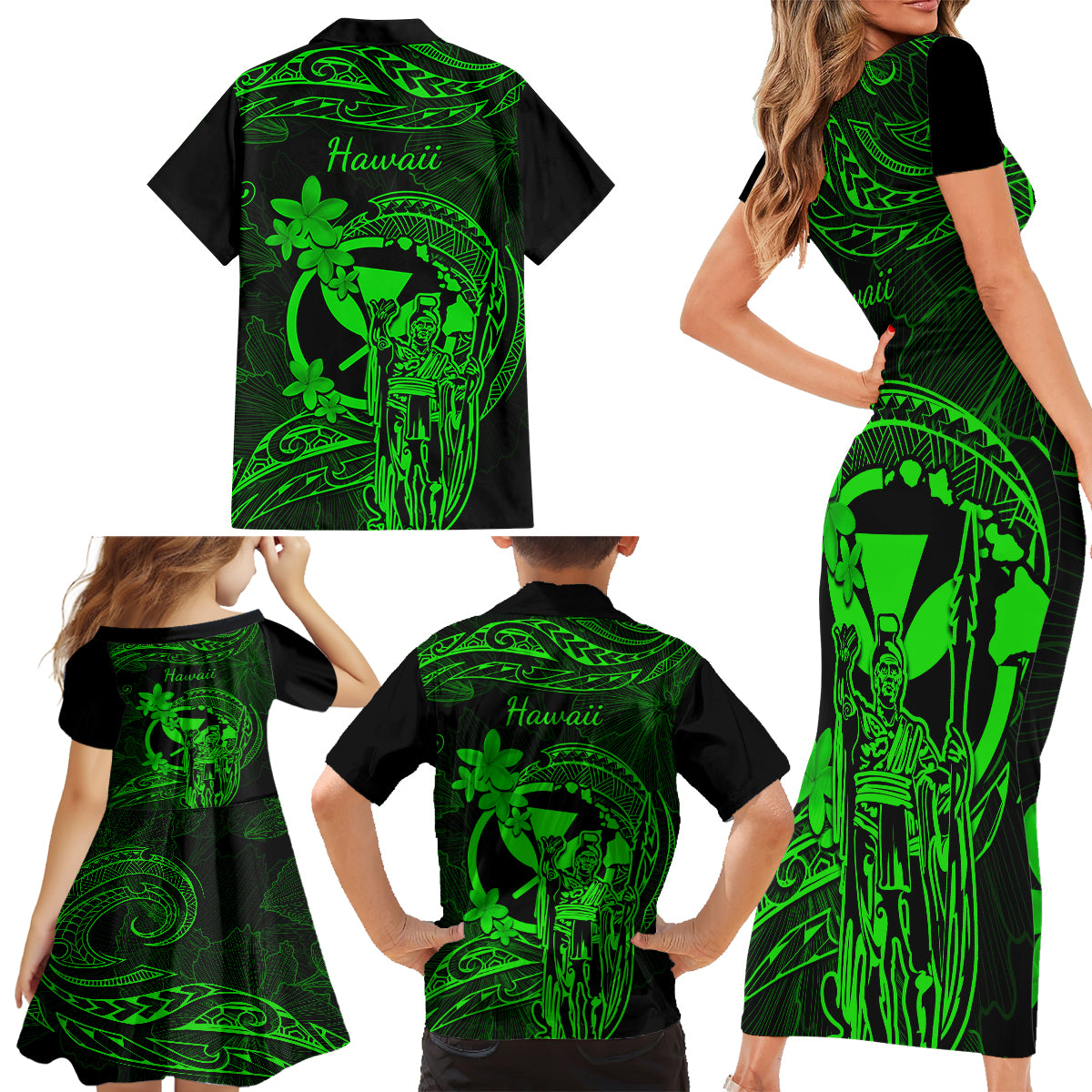 Hawaii Family Matching Short Sleeve Bodycon Dress and Hawaiian Shirt King Kamehameha Mix Polynesian Plumeria Green Version - Wonder Print Shop
