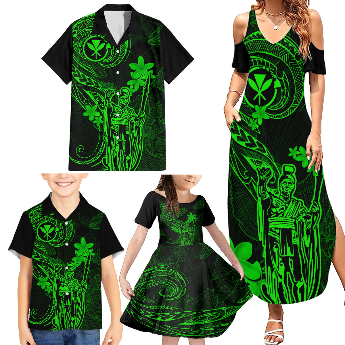 Hawaii Family Matching Summer Maxi Dress and Hawaiian Shirt King Kamehameha Mix Polynesian Plumeria Green Version - Wonder Print Shop