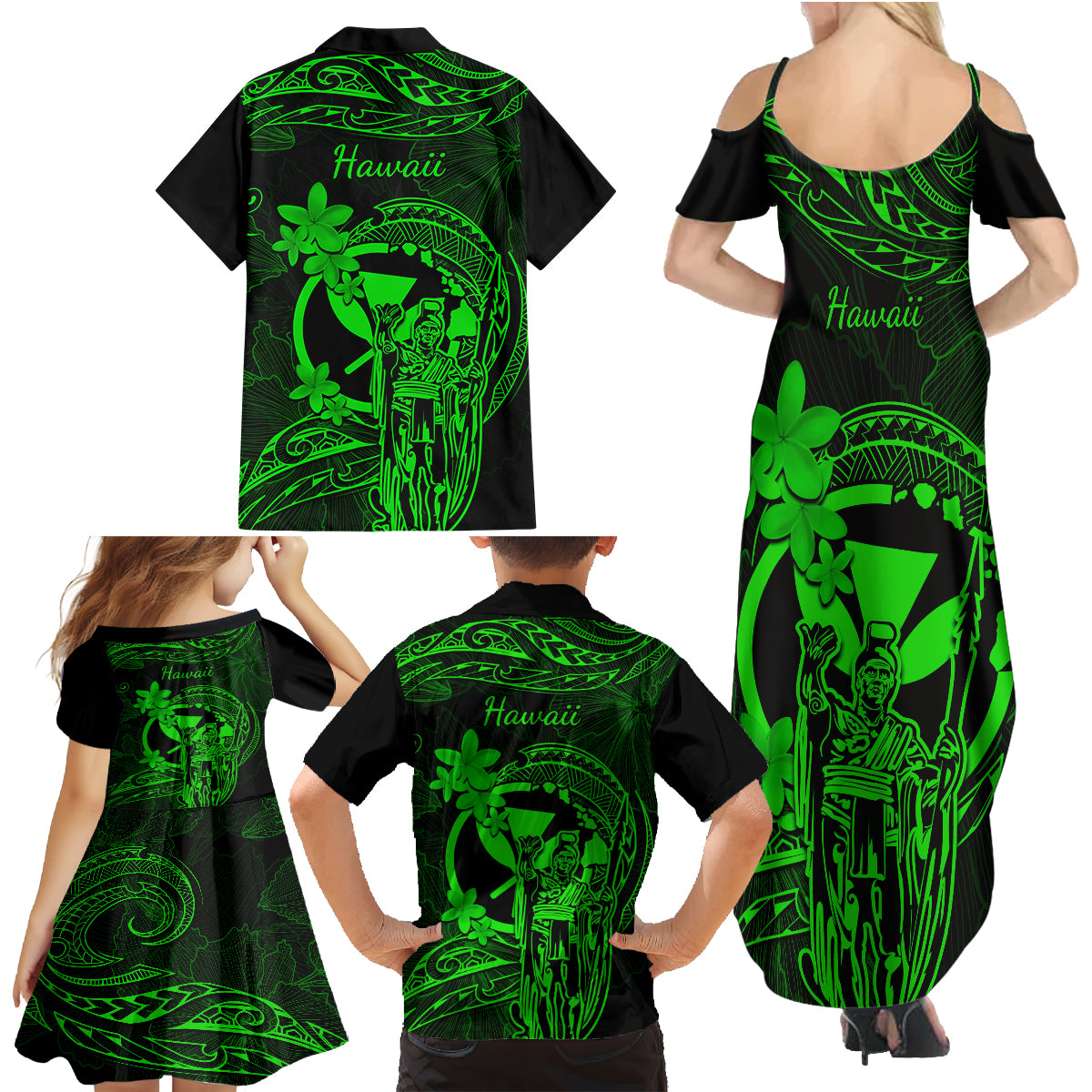 Hawaii Family Matching Summer Maxi Dress and Hawaiian Shirt King Kamehameha Mix Polynesian Plumeria Green Version - Wonder Print Shop