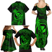 Hawaii Family Matching Summer Maxi Dress and Hawaiian Shirt King Kamehameha Mix Polynesian Plumeria Green Version - Wonder Print Shop