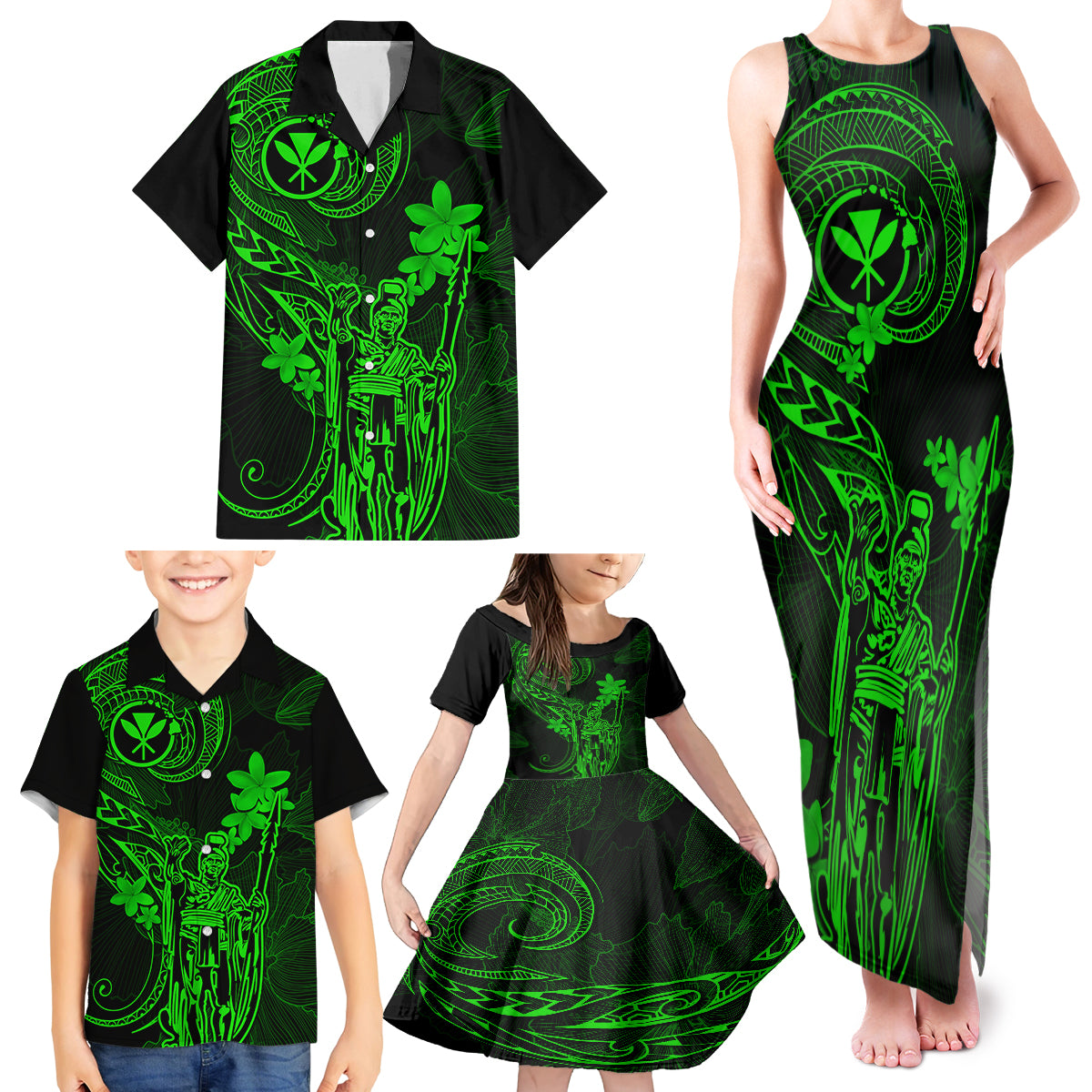 Hawaii Family Matching Tank Maxi Dress and Hawaiian Shirt King Kamehameha Mix Polynesian Plumeria Green Version - Wonder Print Shop