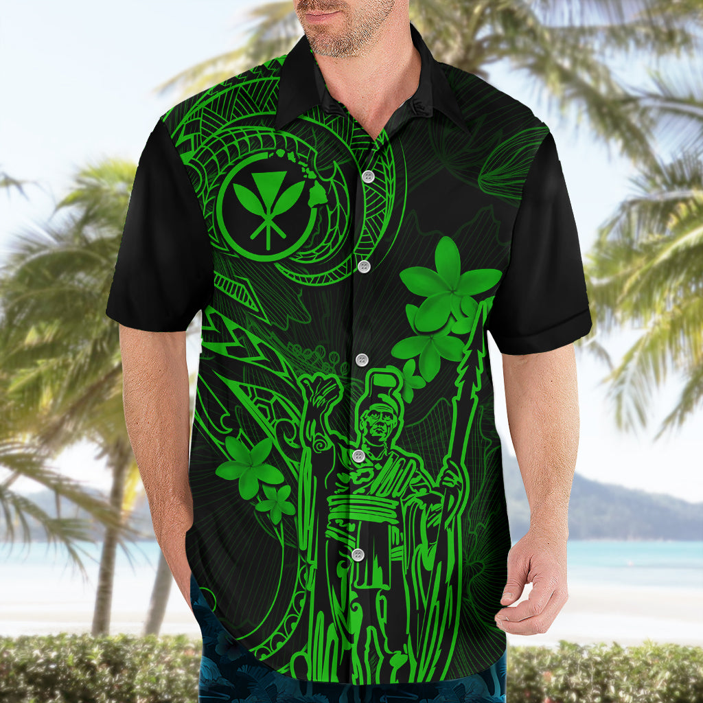 Hawaii Hawaiian Shirt King Kamehameha Mix Polynesian Plumeria Green Version - Wonder Print Shop