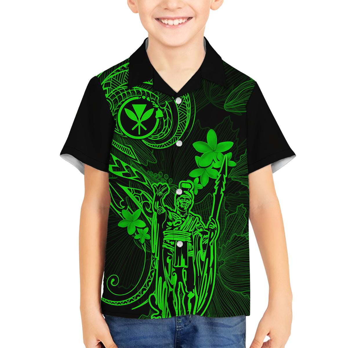 Hawaii Kid Hawaiian Shirt King Kamehameha Mix Polynesian Plumeria Green Version - Wonder Print Shop