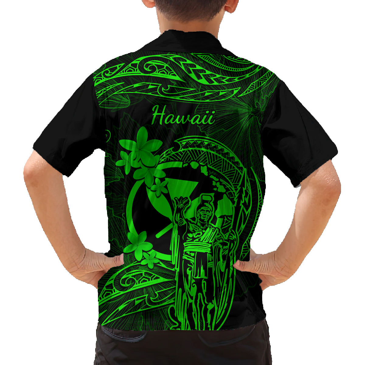 Hawaii Kid Hawaiian Shirt King Kamehameha Mix Polynesian Plumeria Green Version - Wonder Print Shop