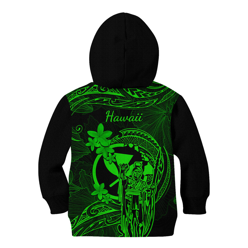 Hawaii Kid Hoodie King Kamehameha Mix Polynesian Plumeria Green Version - Wonder Print Shop