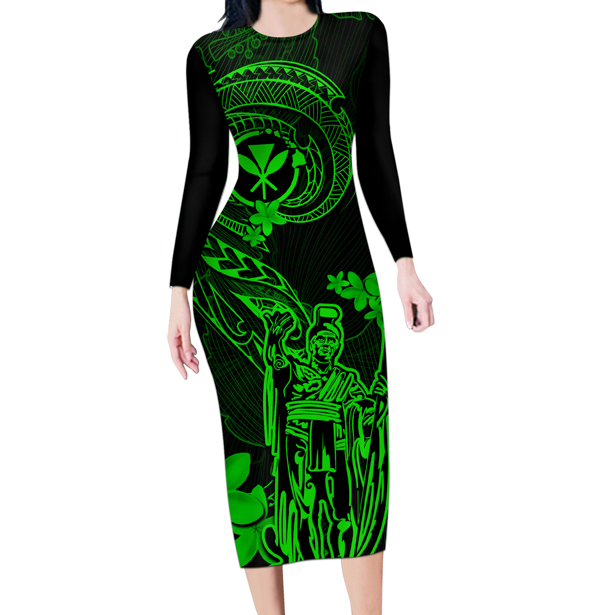 Hawaii Long Sleeve Bodycon Dress King Kamehameha Mix Polynesian Plumeria Green Version - Wonder Print Shop