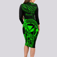 Hawaii Long Sleeve Bodycon Dress King Kamehameha Mix Polynesian Plumeria Green Version - Wonder Print Shop