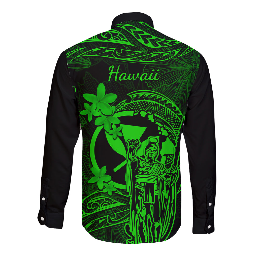 Hawaii Long Sleeve Button Shirt King Kamehameha Mix Polynesian Plumeria Green Version - Wonder Print Shop
