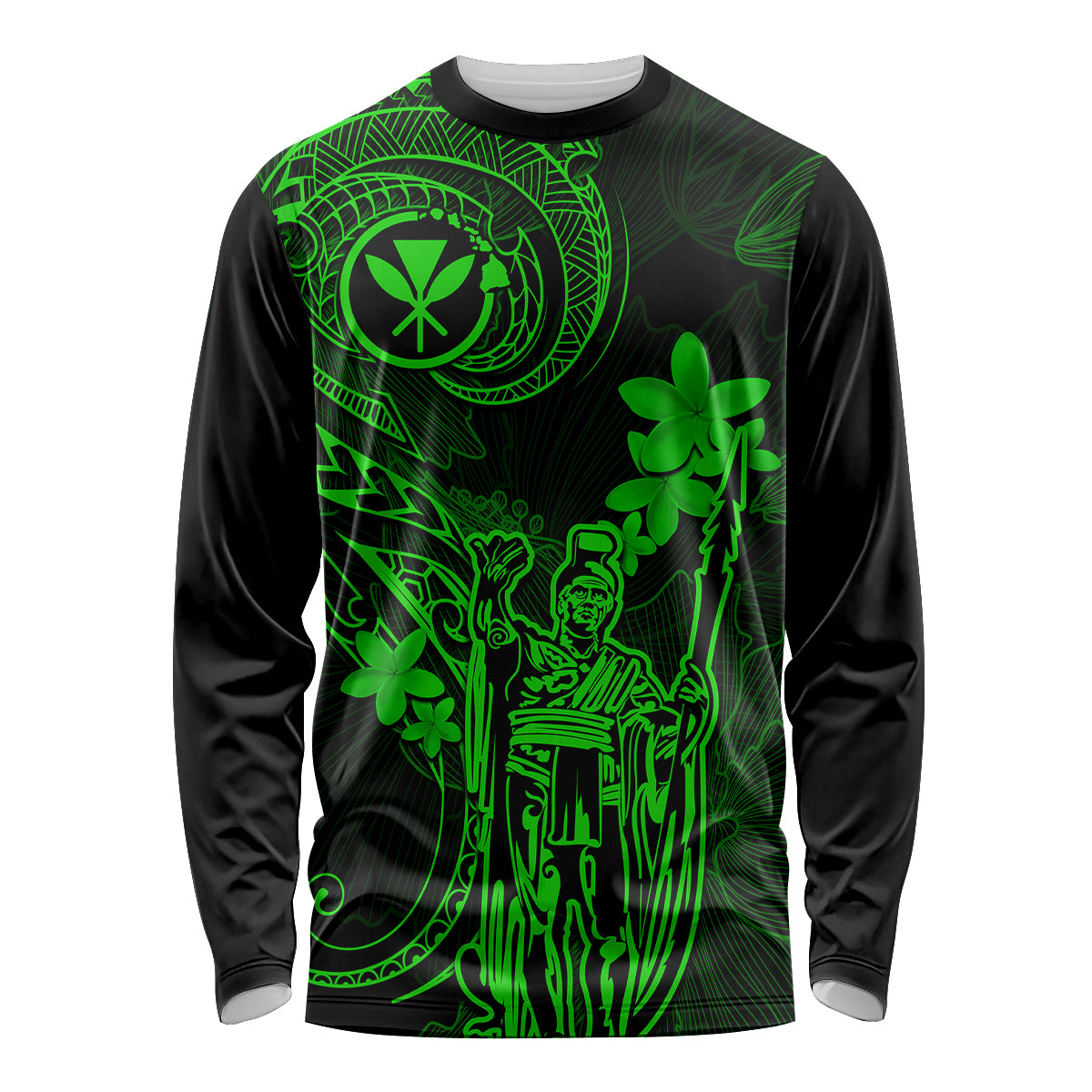 Hawaii Long Sleeve Shirt King Kamehameha Mix Polynesian Plumeria Green Version - Wonder Print Shop