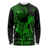 Hawaii Long Sleeve Shirt King Kamehameha Mix Polynesian Plumeria Green Version - Wonder Print Shop