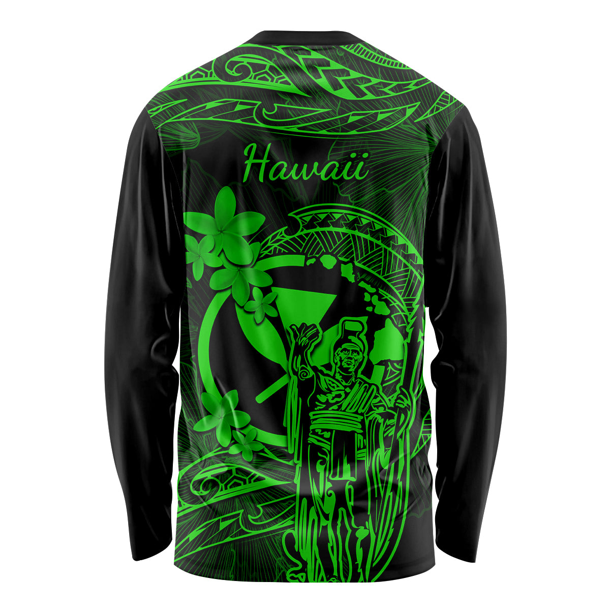 Hawaii Long Sleeve Shirt King Kamehameha Mix Polynesian Plumeria Green Version - Wonder Print Shop