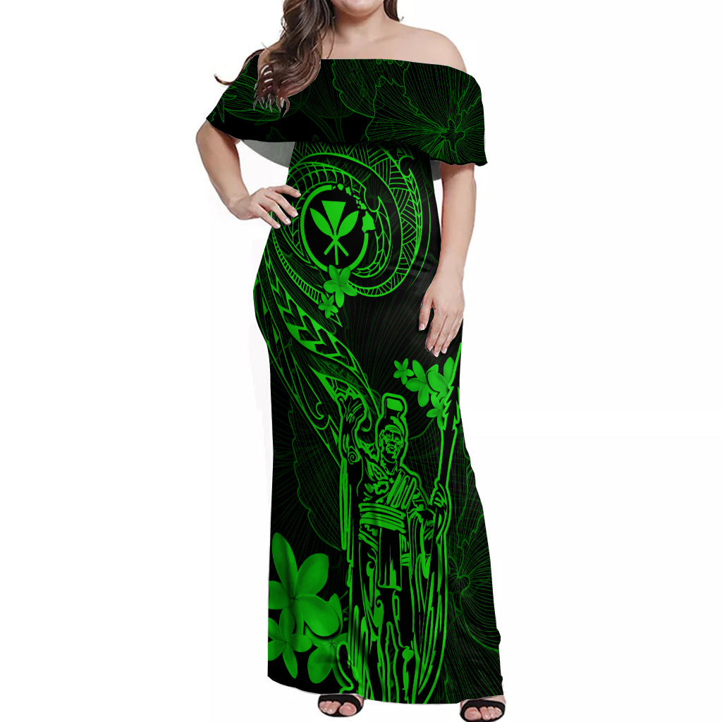 Hawaii Off Shoulder Maxi Dress King Kamehameha Mix Polynesian Plumeria Green Version - Wonder Print Shop