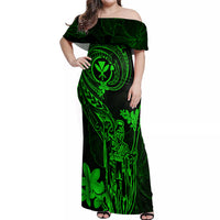 Hawaii Off Shoulder Maxi Dress King Kamehameha Mix Polynesian Plumeria Green Version - Wonder Print Shop