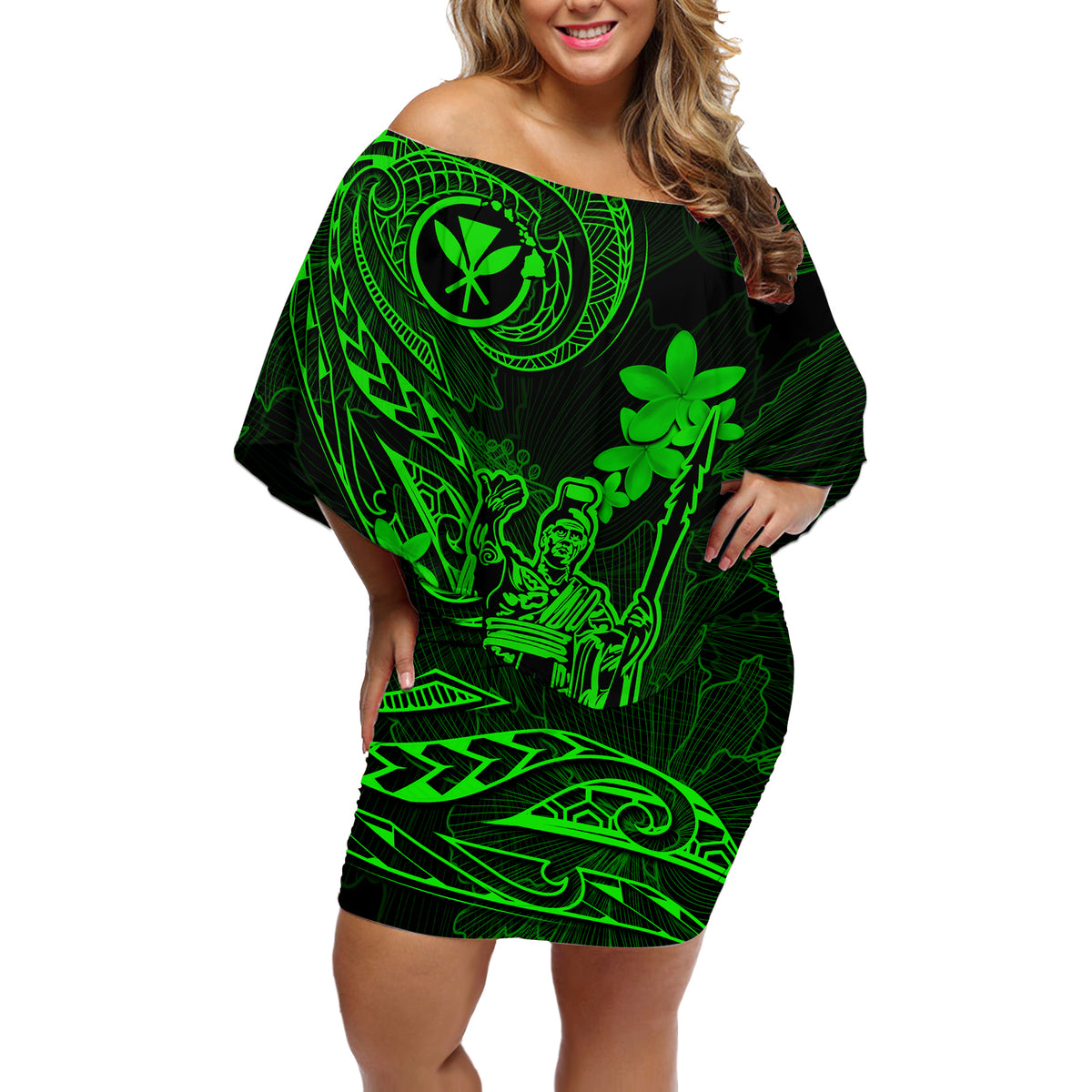 Hawaii Off Shoulder Short Dress King Kamehameha Mix Polynesian Plumeria Green Version - Wonder Print Shop