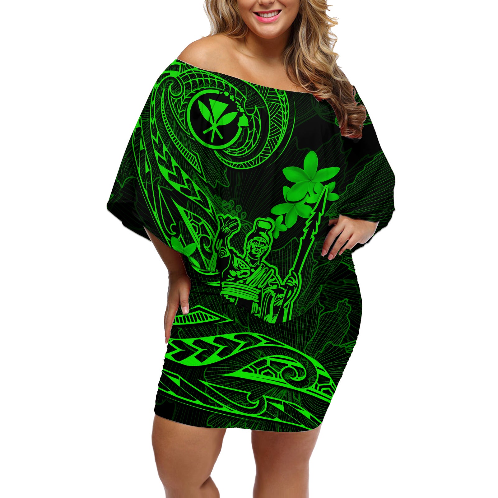 Hawaii Off Shoulder Short Dress King Kamehameha Mix Polynesian Plumeria Green Version - Wonder Print Shop