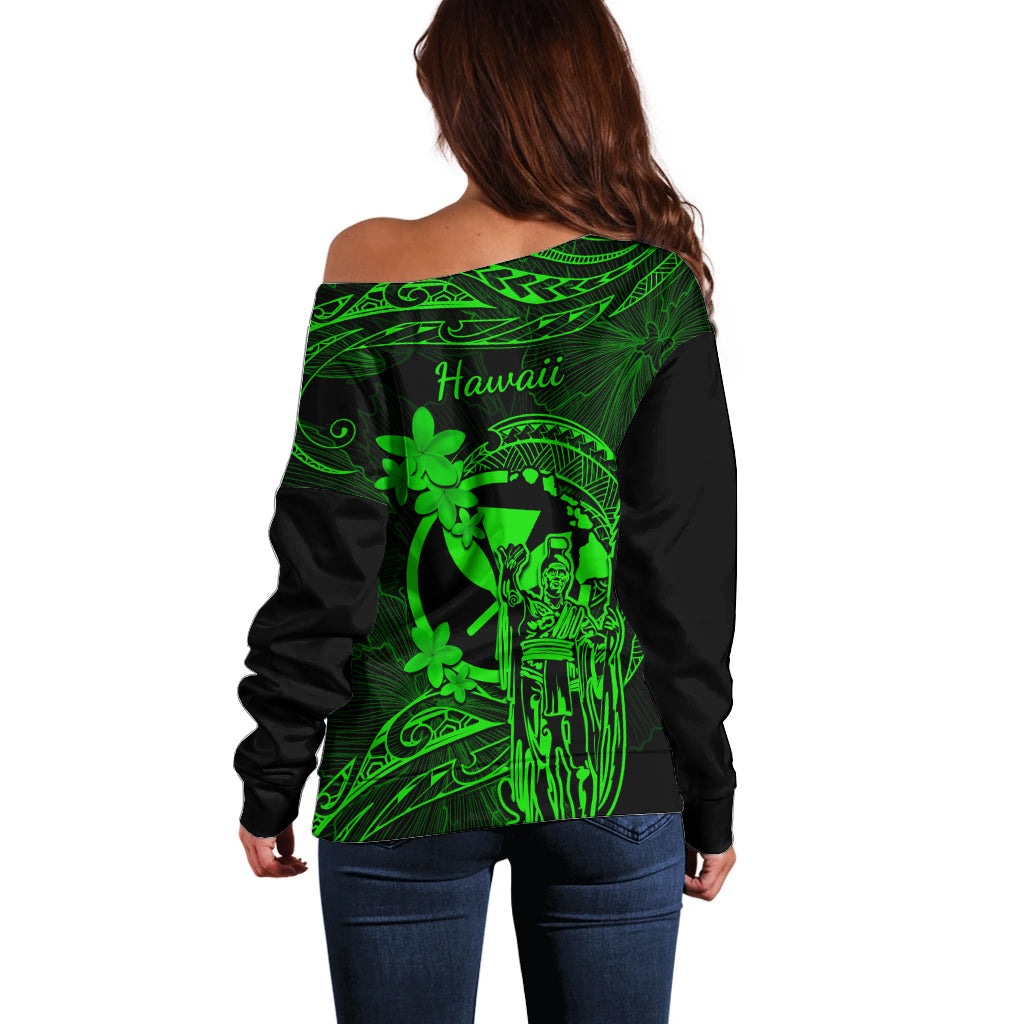Hawaii Off Shoulder Sweater King Kamehameha Mix Polynesian Plumeria Green Version - Wonder Print Shop