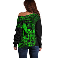 Hawaii Off Shoulder Sweater King Kamehameha Mix Polynesian Plumeria Green Version - Wonder Print Shop