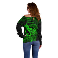 Hawaii Off Shoulder Sweater King Kamehameha Mix Polynesian Plumeria Green Version - Wonder Print Shop