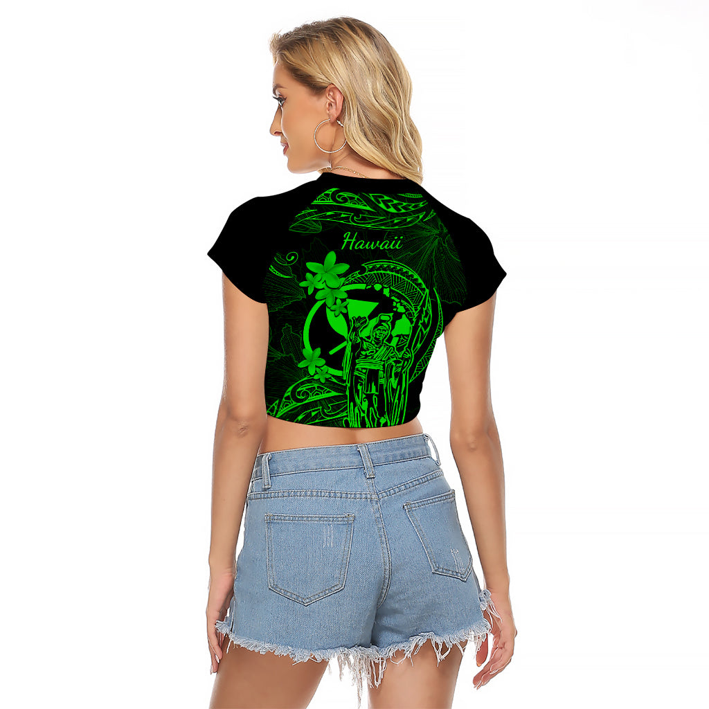 Hawaii Raglan Cropped T Shirt King Kamehameha Mix Polynesian Plumeria Green Version - Wonder Print Shop
