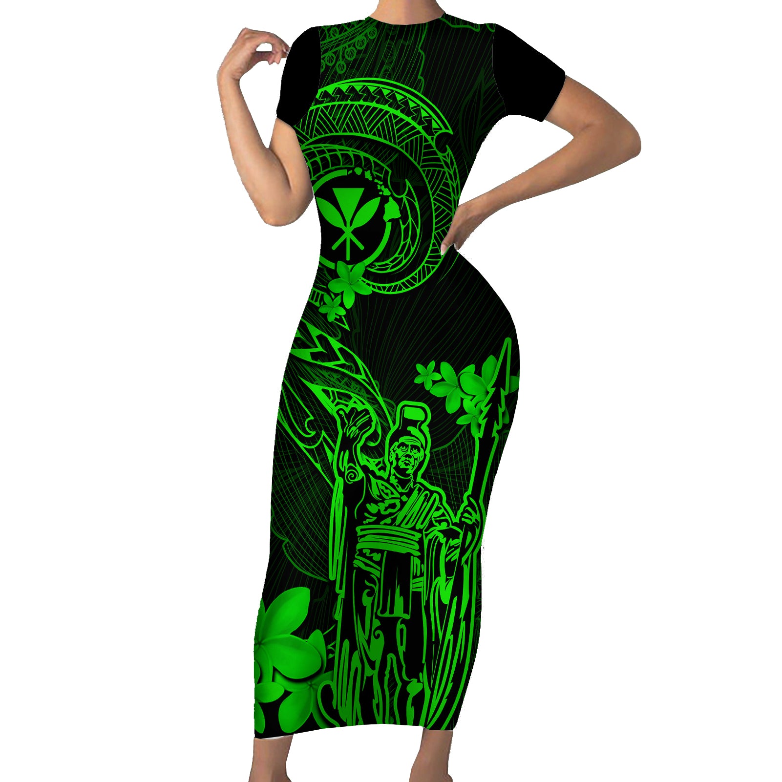 Hawaii Short Sleeve Bodycon Dress King Kamehameha Mix Polynesian Plumeria Green Version - Wonder Print Shop