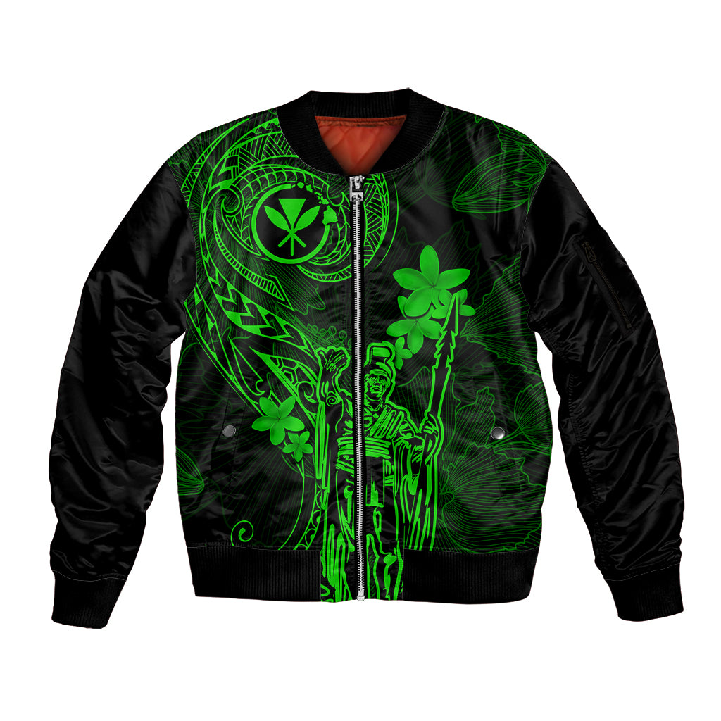 Hawaii Sleeve Zip Bomber Jacket King Kamehameha Mix Polynesian Plumeria Green Version - Wonder Print Shop