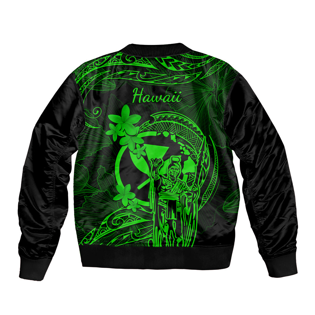 Hawaii Sleeve Zip Bomber Jacket King Kamehameha Mix Polynesian Plumeria Green Version - Wonder Print Shop
