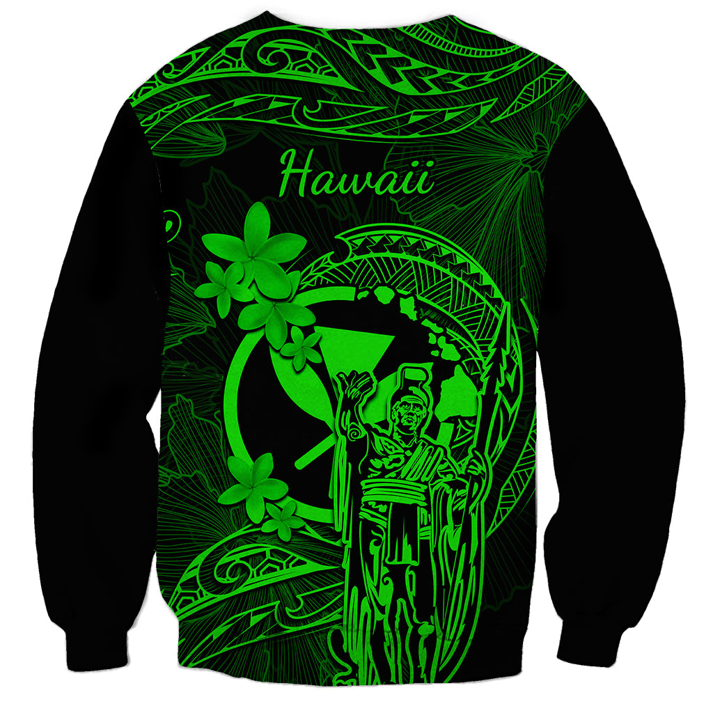 Hawaii Sweatshirt King Kamehameha Mix Polynesian Plumeria Green Version - Wonder Print Shop