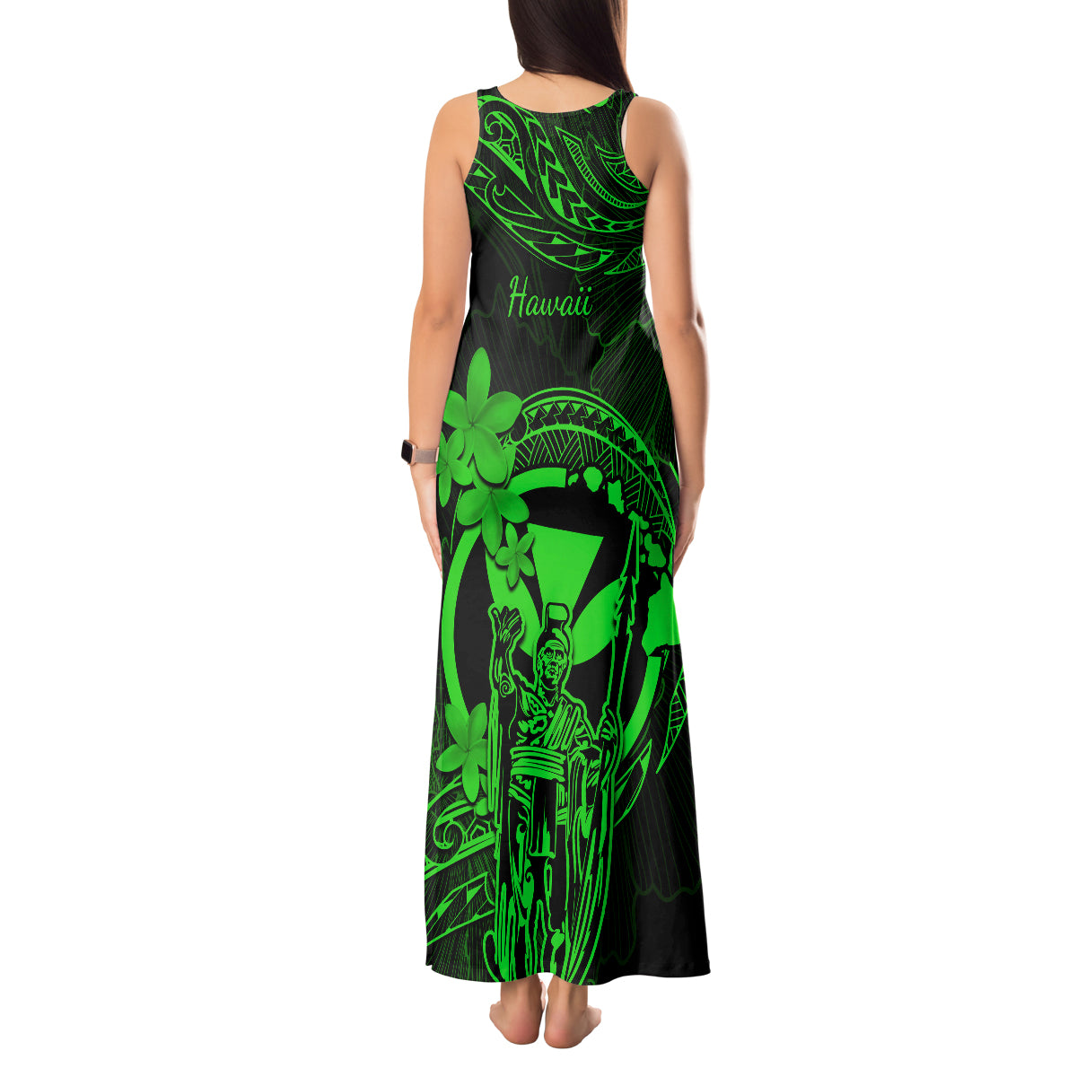 Hawaii Tank Maxi Dress King Kamehameha Mix Polynesian Plumeria Green Version - Wonder Print Shop