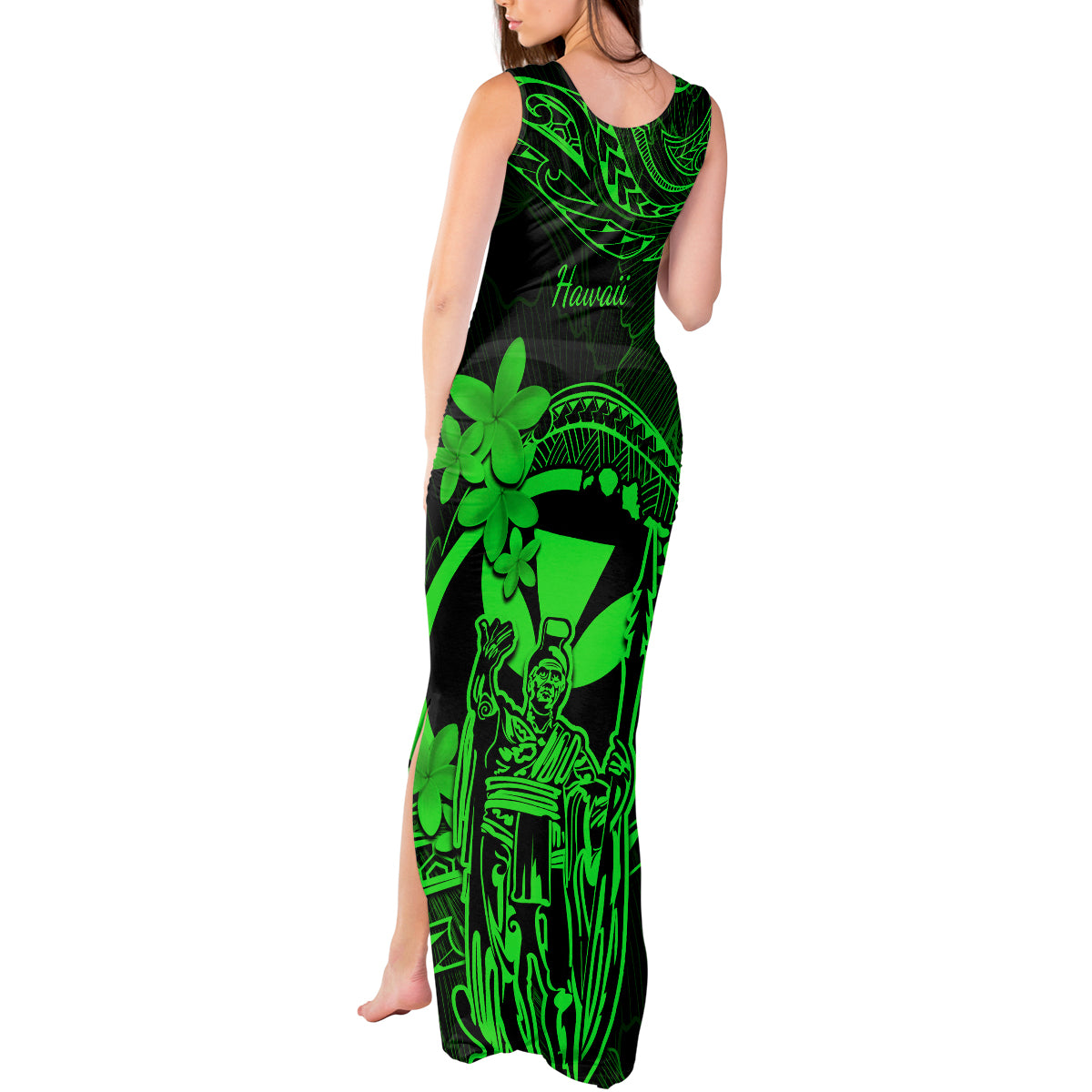 Hawaii Tank Maxi Dress King Kamehameha Mix Polynesian Plumeria Green Version - Wonder Print Shop