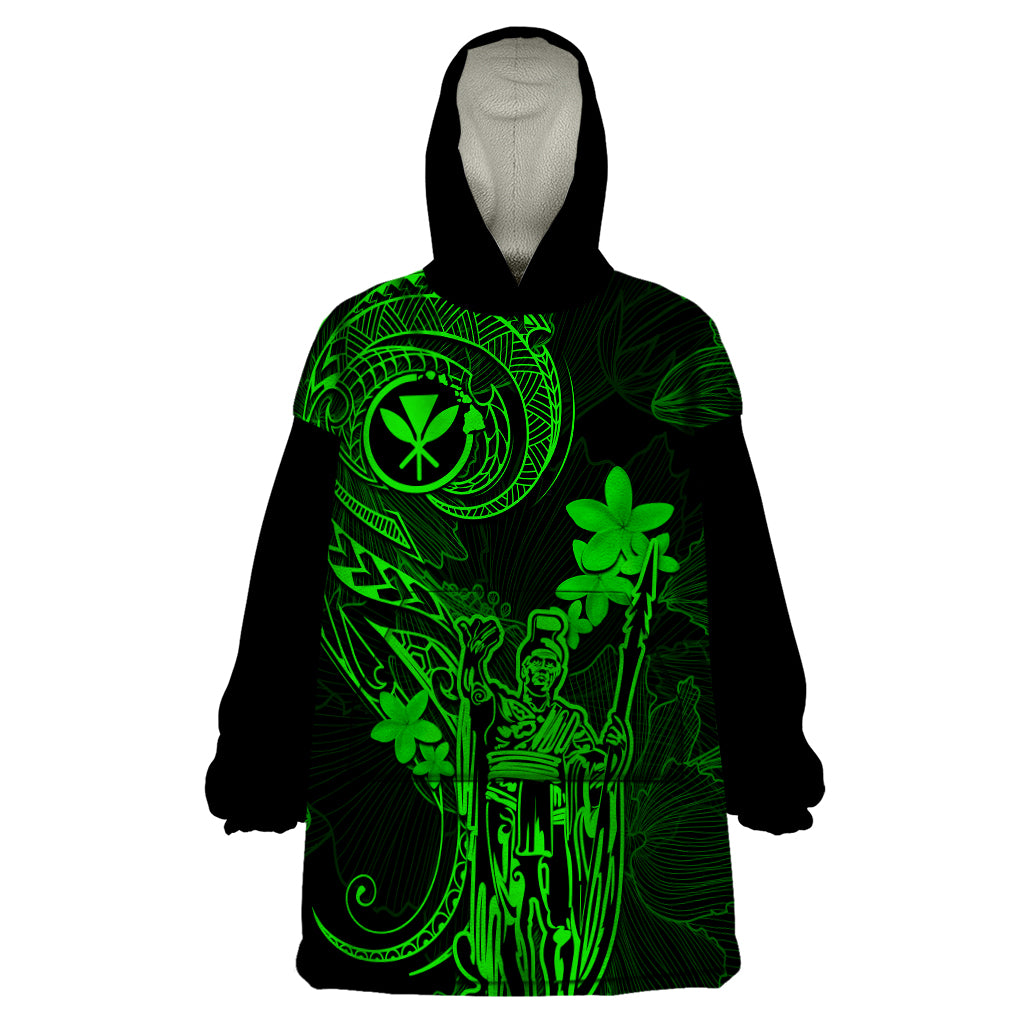Hawaii Wearable Blanket Hoodie King Kamehameha Mix Polynesian Plumeria Green Version - Wonder Print Shop