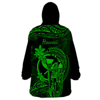 Hawaii Wearable Blanket Hoodie King Kamehameha Mix Polynesian Plumeria Green Version - Wonder Print Shop