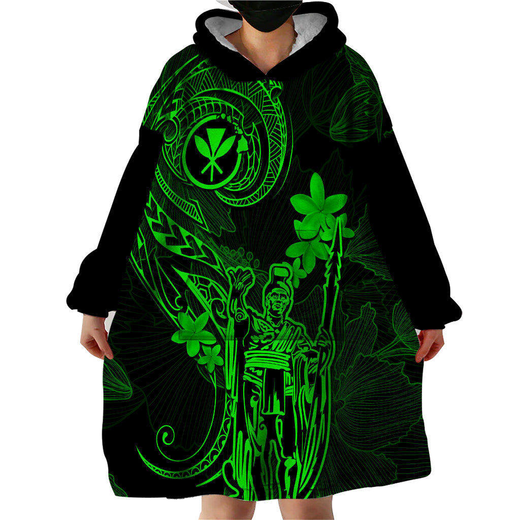 Hawaii Wearable Blanket Hoodie King Kamehameha Mix Polynesian Plumeria Green Version - Wonder Print Shop