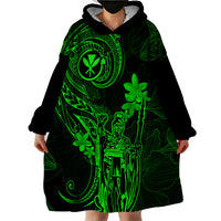 Hawaii Wearable Blanket Hoodie King Kamehameha Mix Polynesian Plumeria Green Version - Wonder Print Shop