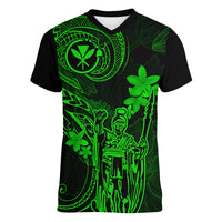 Hawaii Women V Neck T Shirt King Kamehameha Mix Polynesian Plumeria Green Version - Wonder Print Shop