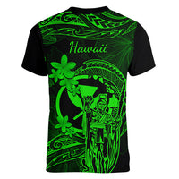 Hawaii Women V Neck T Shirt King Kamehameha Mix Polynesian Plumeria Green Version - Wonder Print Shop