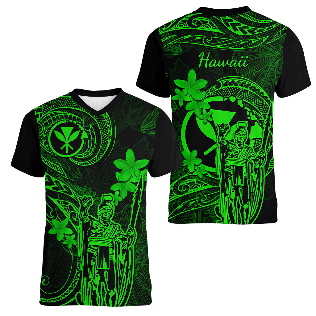 Hawaii Women V Neck T Shirt King Kamehameha Mix Polynesian Plumeria Green Version - Wonder Print Shop