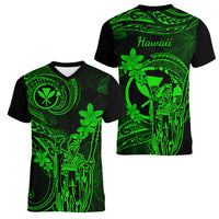 Hawaii Women V Neck T Shirt King Kamehameha Mix Polynesian Plumeria Green Version - Wonder Print Shop