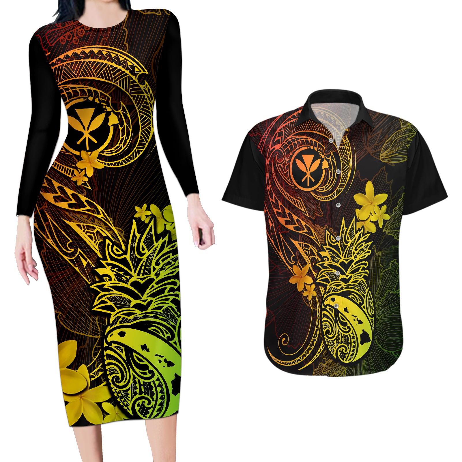 Hawaii Couples Matching Long Sleeve Bodycon Dress and Hawaiian Shirt Pineapple Mix Polynesian Plumeria Reggae Version - Wonder Print Shop