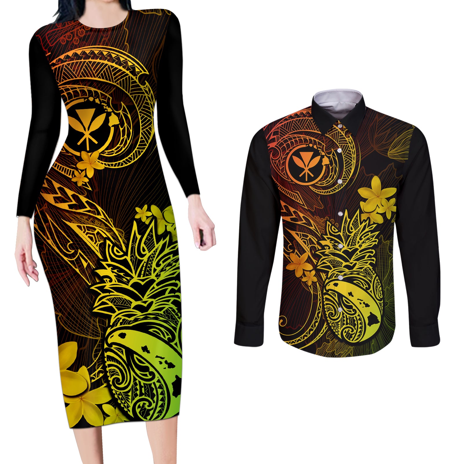 Hawaii Couples Matching Long Sleeve Bodycon Dress and Long Sleeve Button Shirts Pineapple Mix Polynesian Plumeria Reggae Version - Wonder Print Shop