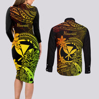 Hawaii Couples Matching Long Sleeve Bodycon Dress and Long Sleeve Button Shirts Pineapple Mix Polynesian Plumeria Reggae Version - Wonder Print Shop
