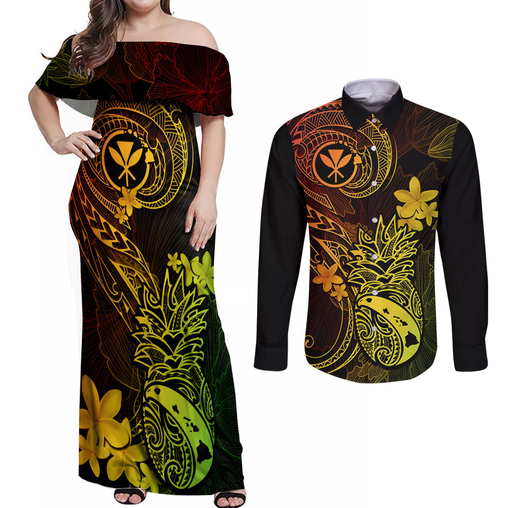 Hawaii Couples Matching Off Shoulder Maxi Dress and Long Sleeve Button Shirts Pineapple Mix Polynesian Plumeria Reggae Version - Wonder Print Shop
